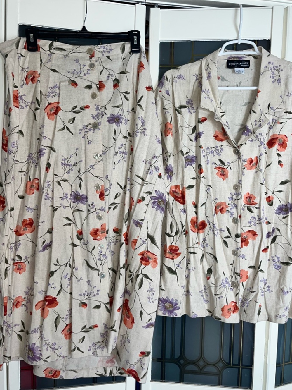Requirements Vintage Linen Blend Floral Skirt & Blouse Set Size 2X Cottagecore